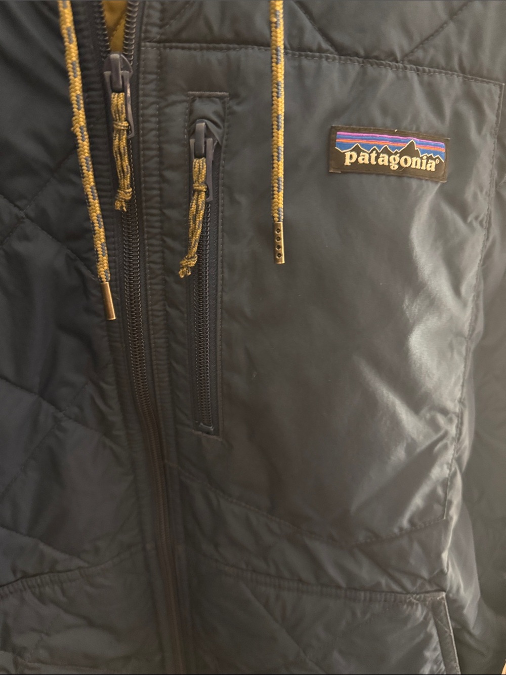 Patagonia Navy Quilted Hooded Puffer Jacket with Yellow Drawcords - Picture 3 of 4